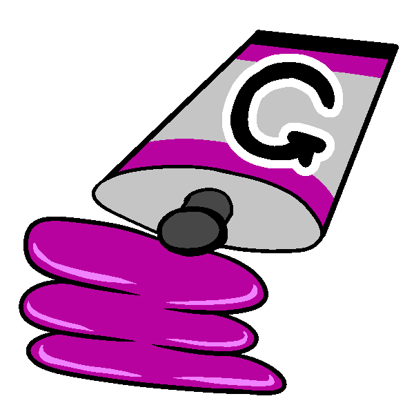  A white paint tube with magenta stripes and a large capital G on it. There is a smear of magenta paint in front of the tube.